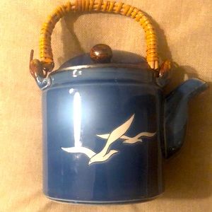 Vintage 70s Teapot Blue Ceramic w/Seagullls 5” H x 7” W & spout handle 4.5”